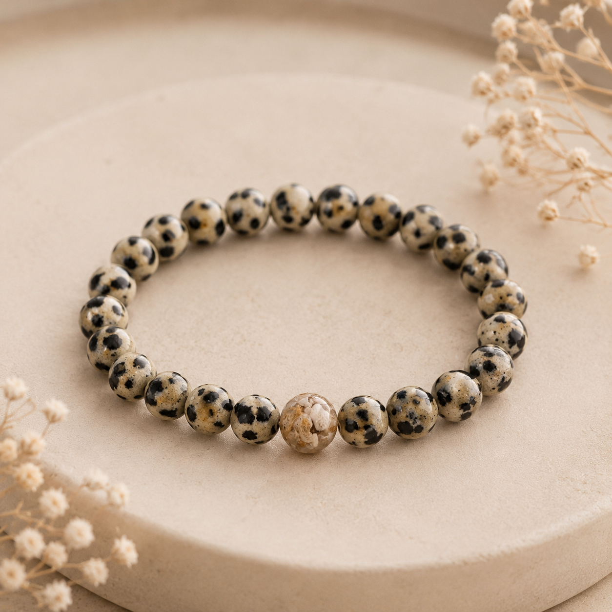 ErinnerungsPerlenarmband Dalmatiner Jaspis - Schmuck aus Tierasche/Tierfell/Brautstrauß/Kinderhaar